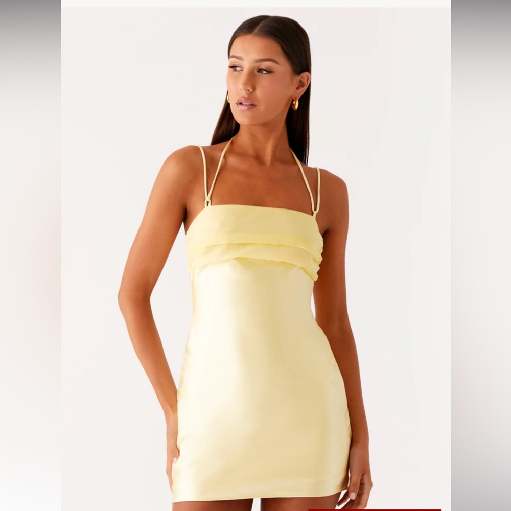 Peppermayo XXS Lemon Yellow Satin Mini Dress with Tie Straps